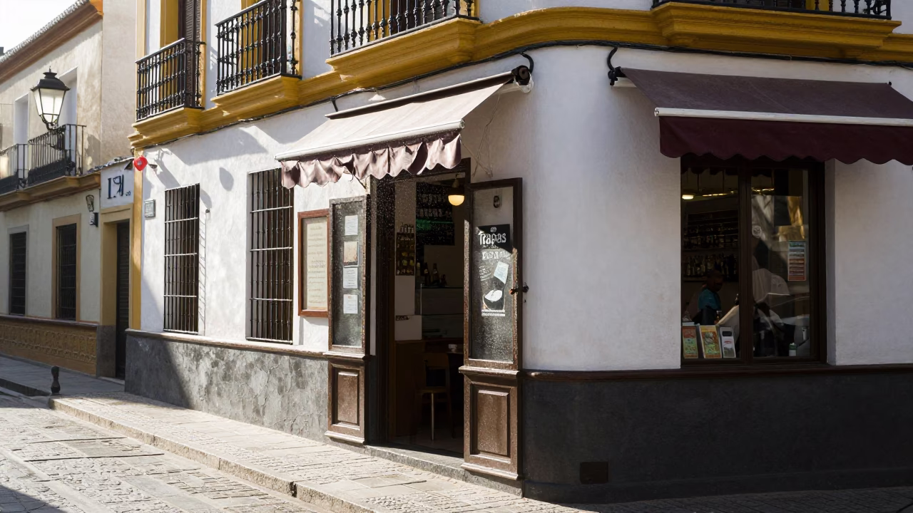Bright Midmorning Seville Street Scene with Condensation on Traditional Tile and Local Market Details in in Seville, Spain