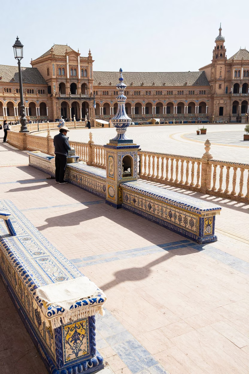 Bright Midmorning Seville Street Scene with Linen Fringe and Blue White Porcelain in in Seville, Spain