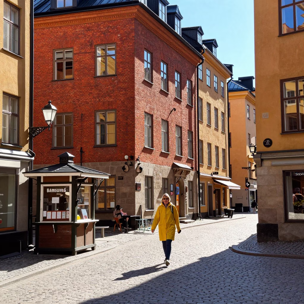 Bright Midmorning Stockholm Street Scene with Red Brick Architecture and Pedestrians in in Stockholm, Sweden