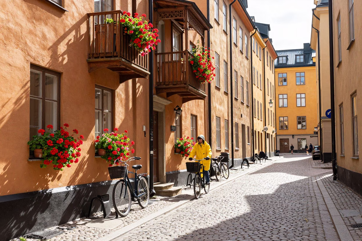 Bright Midmorning Stockholm Street Scene with Red Geraniums and Daily Life in in Stockholm, Sweden
