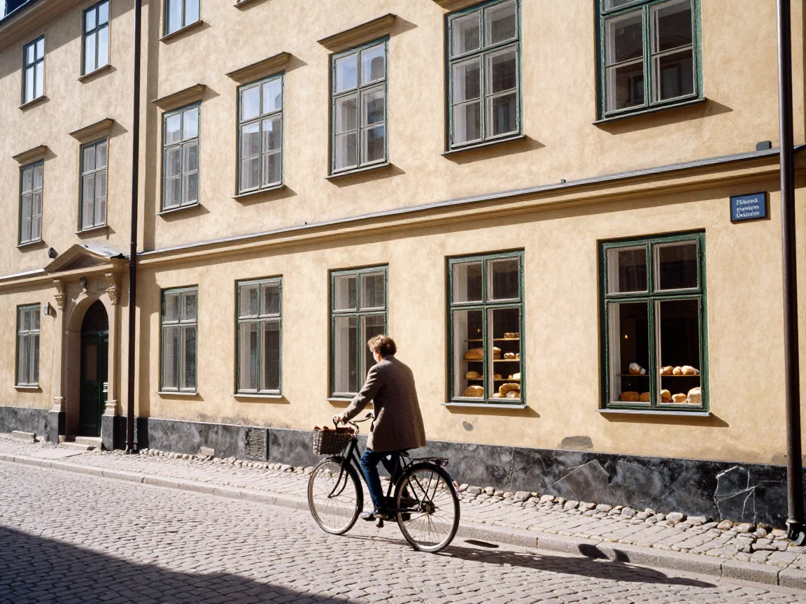 Bright Midmorning Stockholm Street Scene with Vintage 1950s Architecture and Cyclists in in Stockholm, Sweden