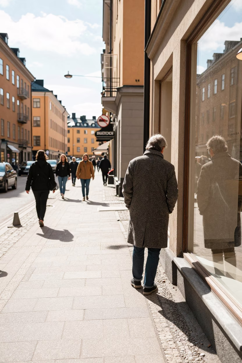 Bright Midmorning Stockholm Street Scene with Vintage 1980s Details and Nautical Map in in Stockholm, Sweden