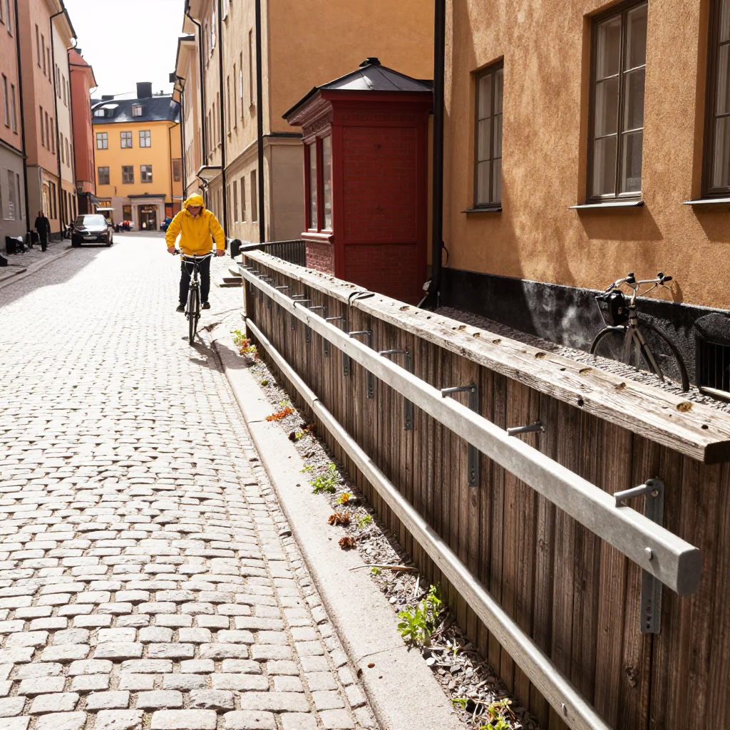 Bright Midmorning Stockholm Sweden Street Scene with Peg Rails and Urban Details in in Stockholm, Sweden