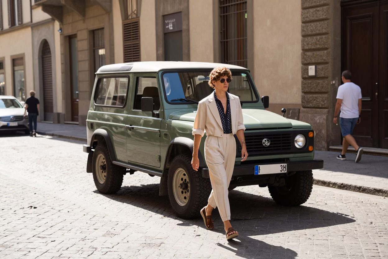 Bright Midmorning Street Fashion in Florence Italy with Vintage SUV and Local Details in in Florence, Italy