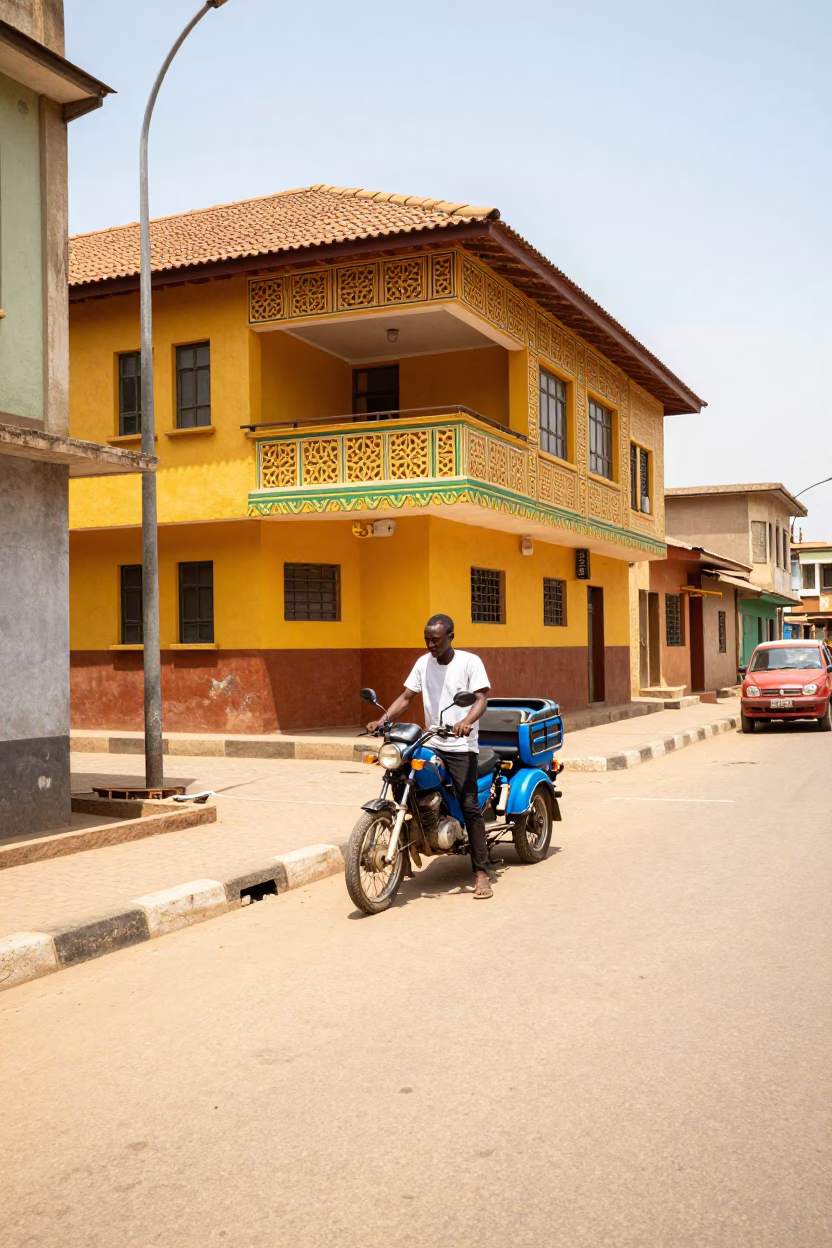 Bright Midmorning Street Scene in Accra Ghana with Colorful Architecture and Local Life in in Accra, Ghana