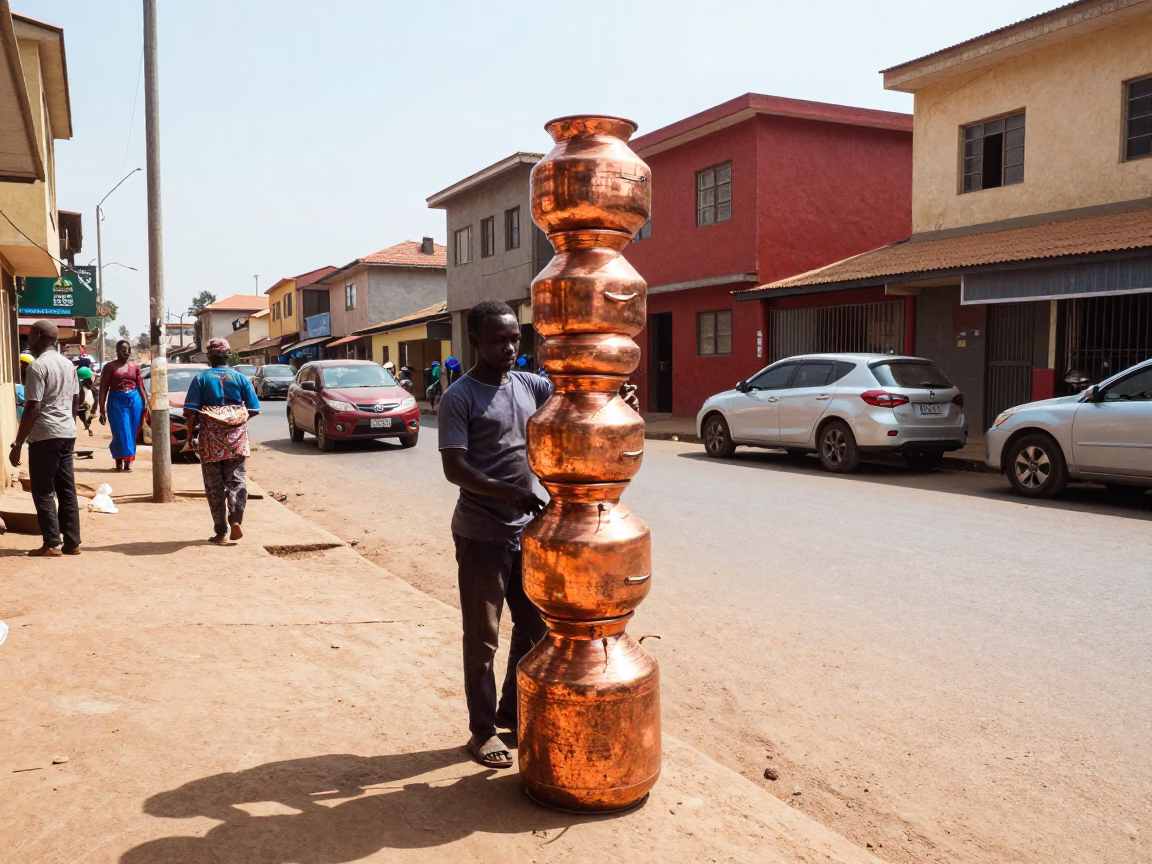 Bright Midmorning Street Scene in Accra Ghana with Copper Pots and Local Market Life in in Accra, Ghana