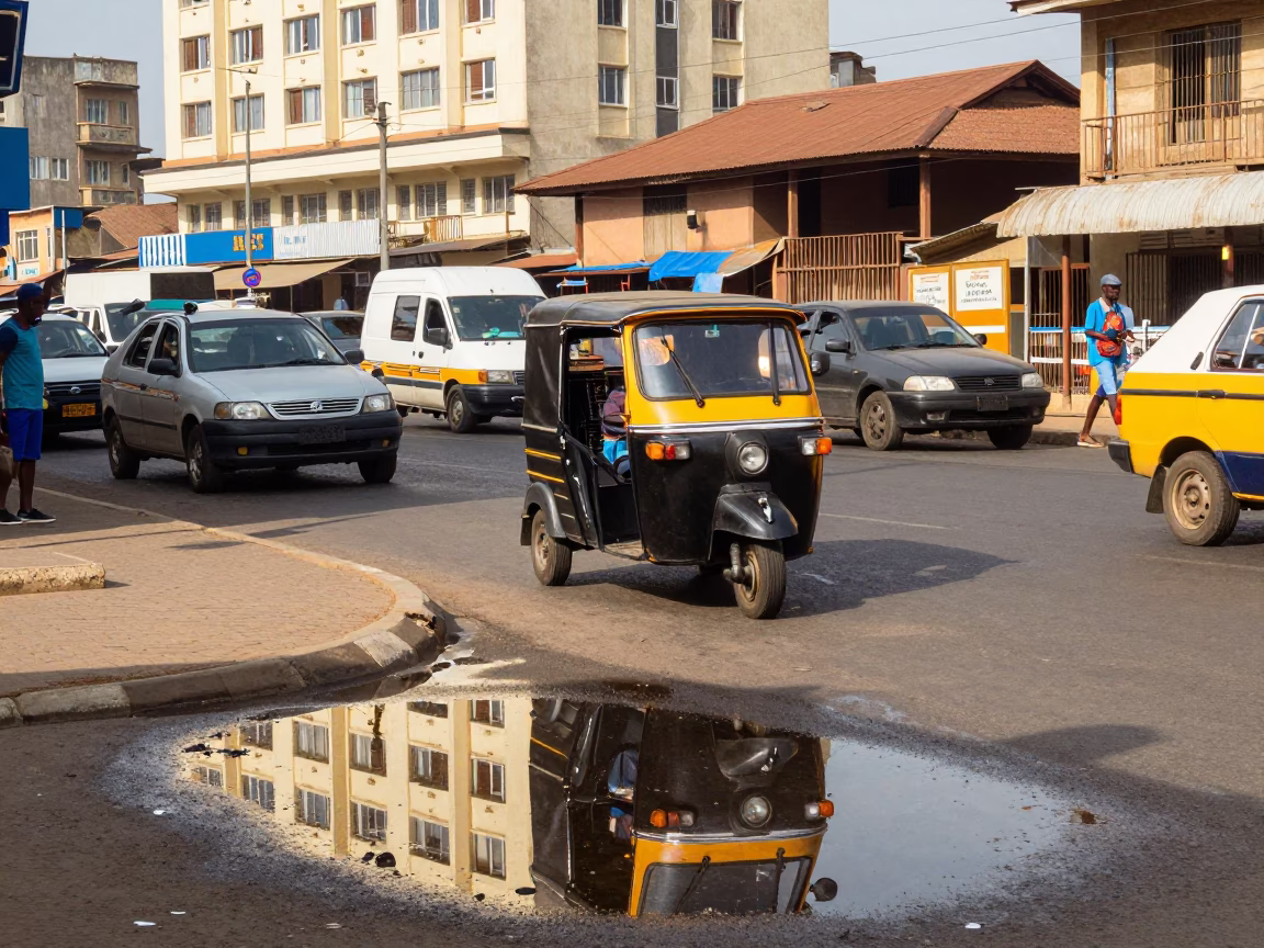Bright Midmorning Street Scene in Accra Ghana with Reflections and Local Life in in Accra, Ghana