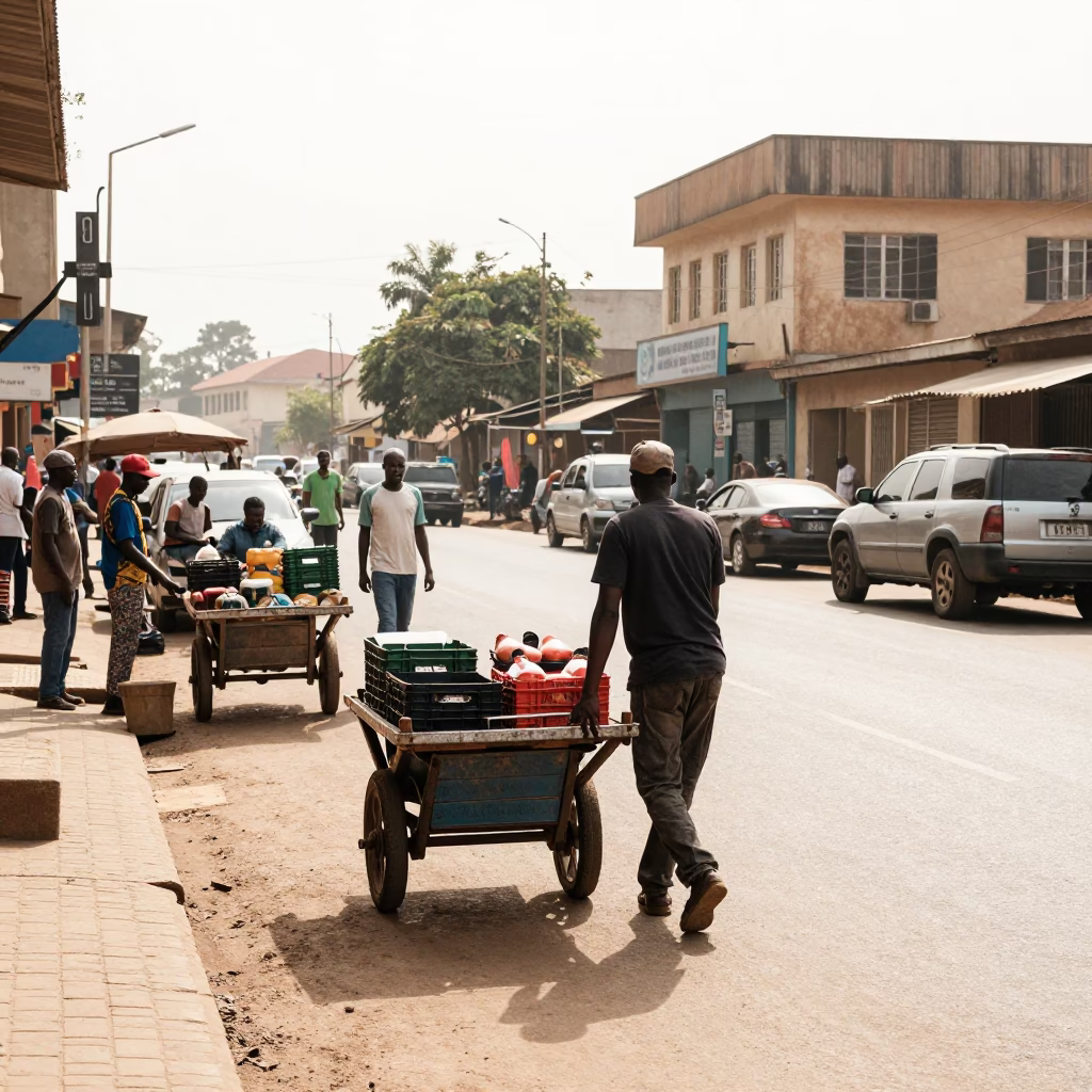Bright Midmorning Street Scene in Accra Ghana with Rolling Carts and Local Commerce in in Accra, Ghana
