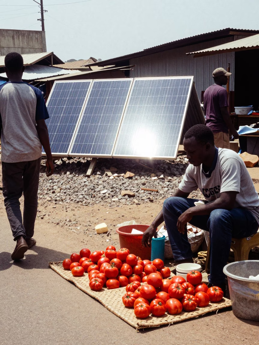 Bright Midmorning Street Scene in Accra Ghana with Solar Array and Daily Life in in Accra, Ghana