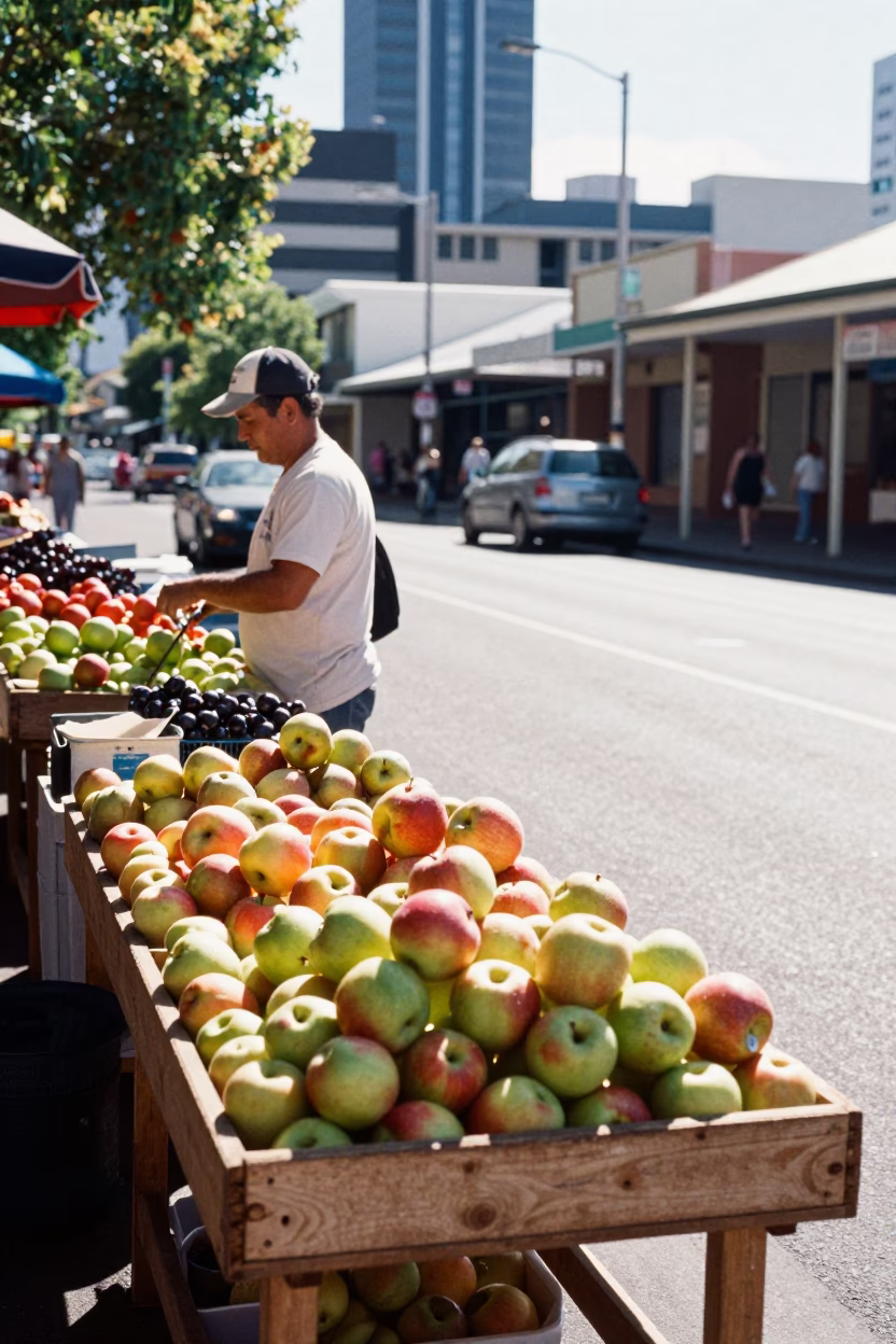 Bright Midmorning Street Scene in Adelaide South Australia with Market Produce and Daily Life in in Adelaide, South Australia, Australia