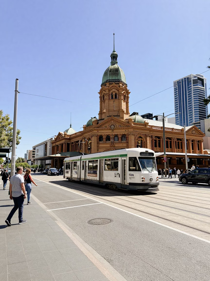 Bright Midmorning Street Scene in Adelaide South Australia with Tram and Pedestrians in in Adelaide, South Australia, Australia