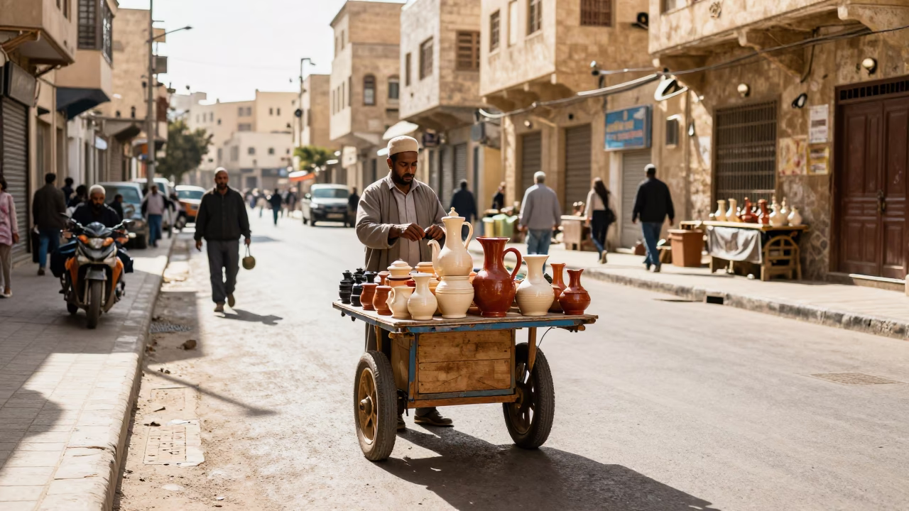 Bright Midmorning Street Scene in Alexandria Egypt with Ceramic Pitcher and Glass Vases in in Alexandria, Egypt