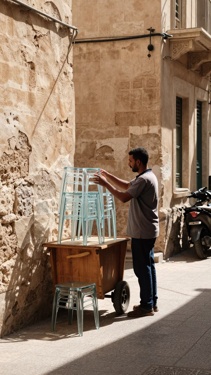 Bright Midmorning Street Scene in Alexandria Egypt with Clear Glass Stool and Twine Fibers in in Alexandria, Egypt