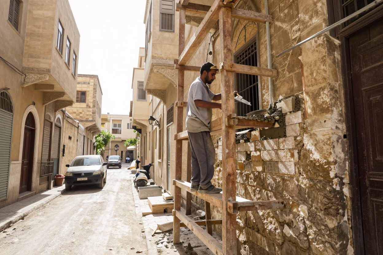Bright Midmorning Street Scene in Alexandria Egypt with Mason Working on Scaffold in in Alexandria, Egypt