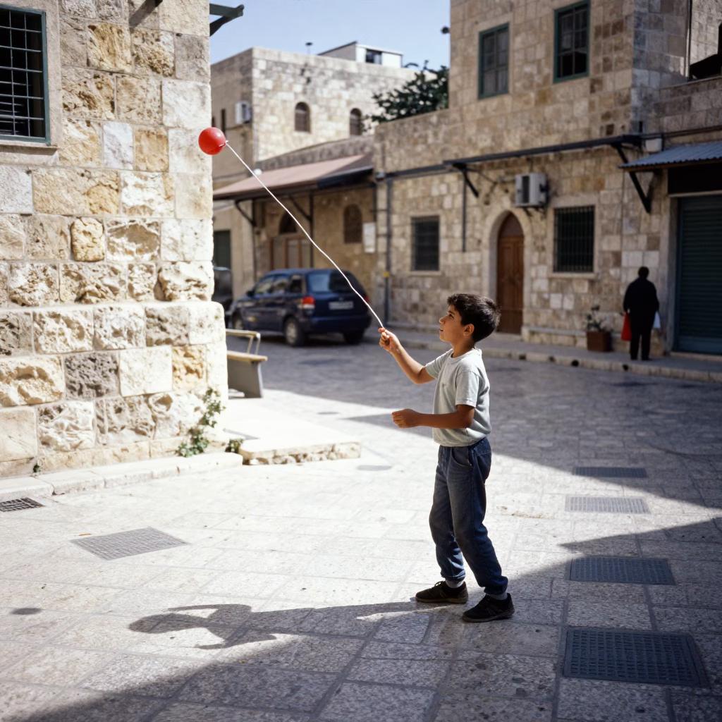 Bright Midmorning Street Scene in Amman Jordan with Child Playing Yo-Yo in in Amman, Jordan