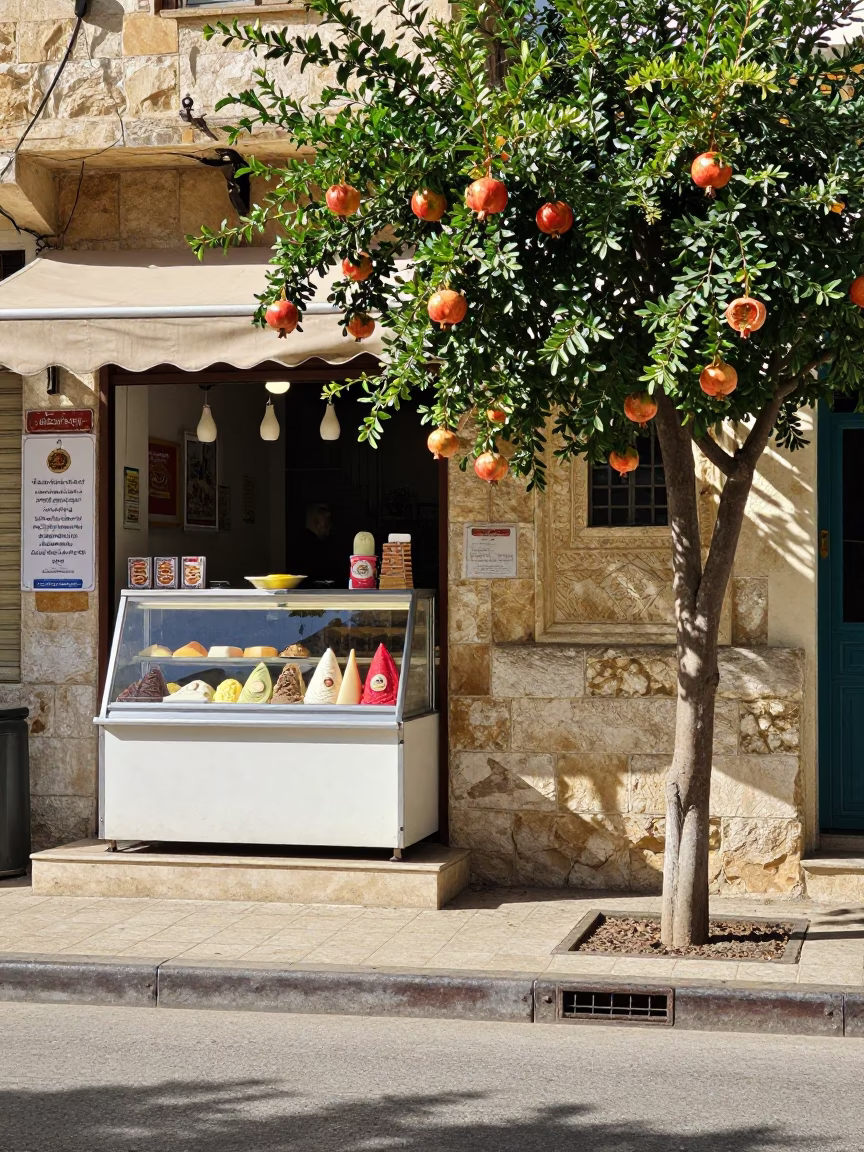 Bright Midmorning Street Scene in Amman Jordan with Gelato Display and Pomegranate Tree in in Amman, Jordan