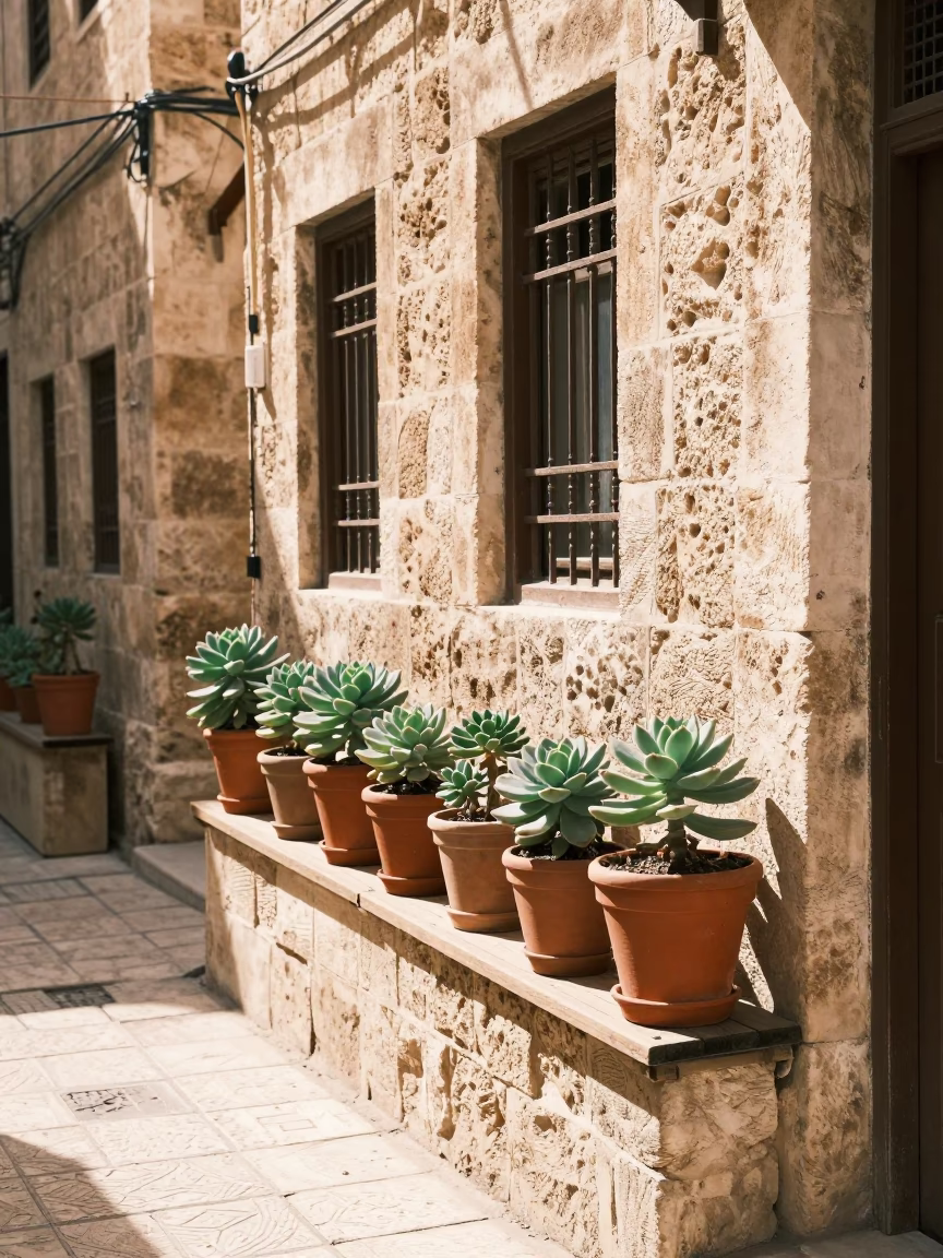 Bright Midmorning Street Scene in Amman Jordan with Terracotta Succulents and Local Life in in Amman, Jordan