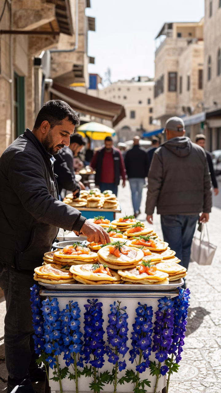 Bright Midmorning Street Scene in Amman Jordan with Traditional Food and Local Life in in Amman, Jordan