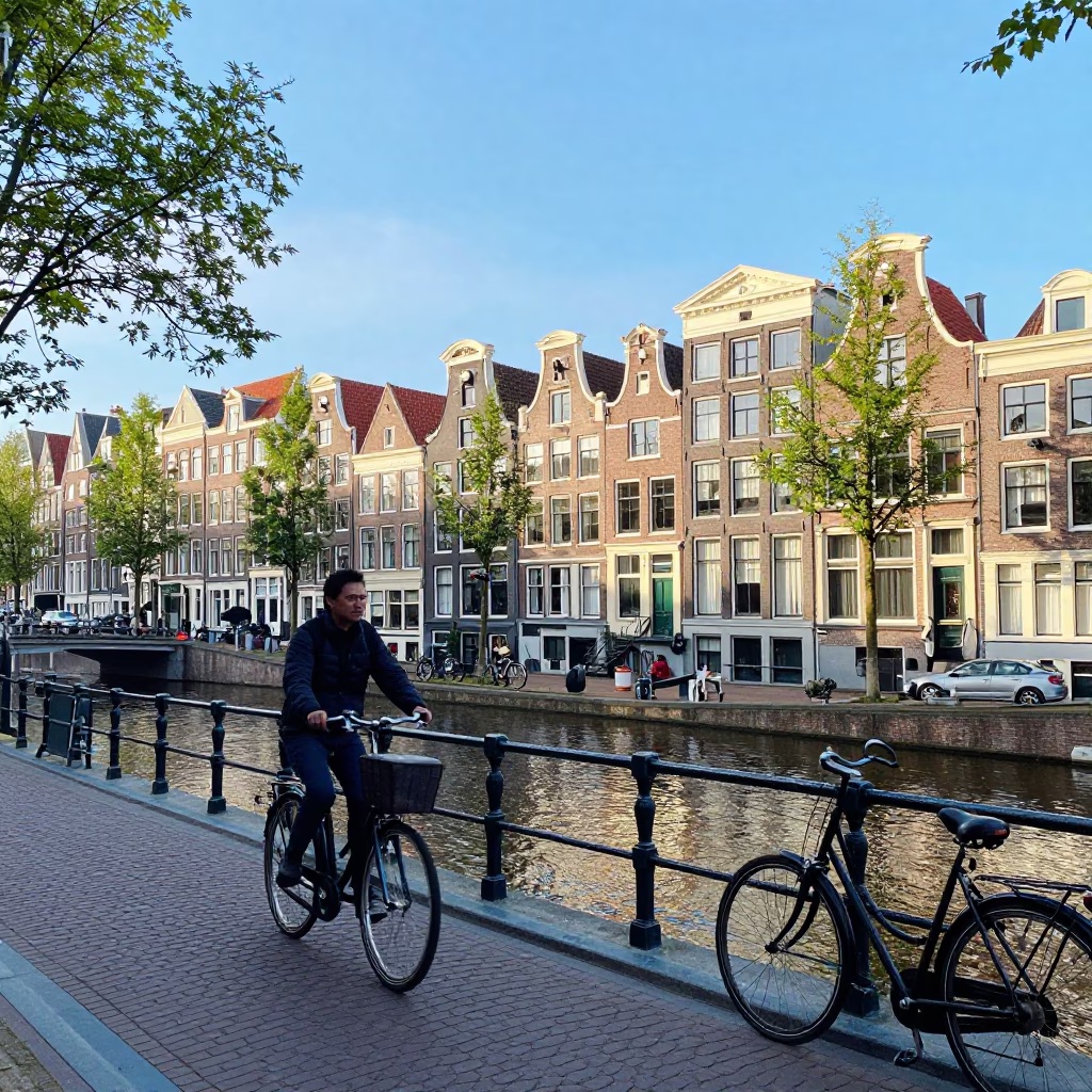Bright Midmorning Street Scene in Amsterdam Netherlands with Canal Houses and Cyclists in in Amsterdam, Netherlands