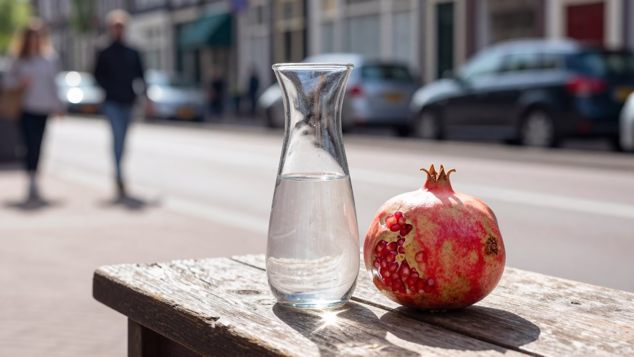 Bright Midmorning Street Scene in Amsterdam Netherlands with Carafe and Pomegranate on Cafe Table in in Amsterdam, Netherlands