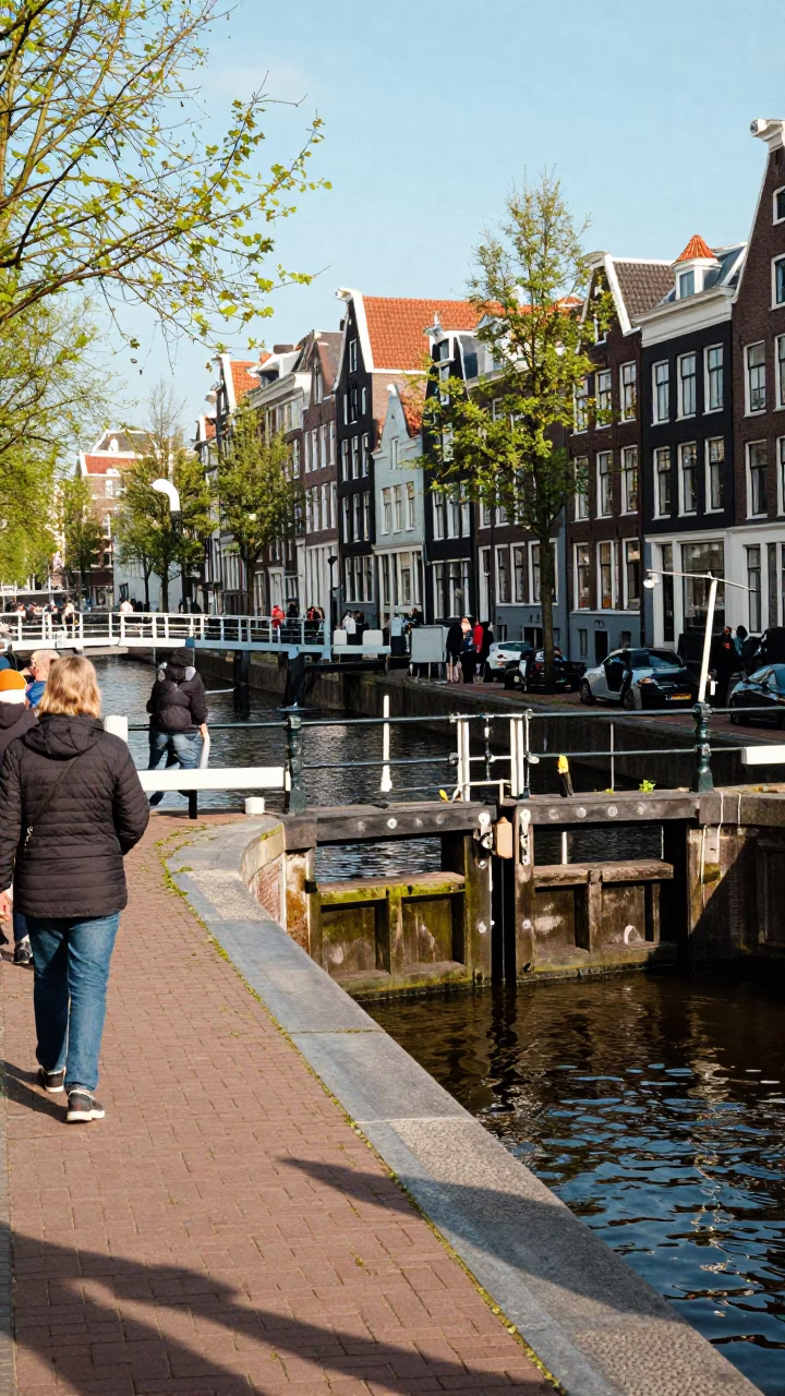 Bright Midmorning Street Scene in Amsterdam with Canal Lock and Chalk Drawings in in Amsterdam, Netherlands