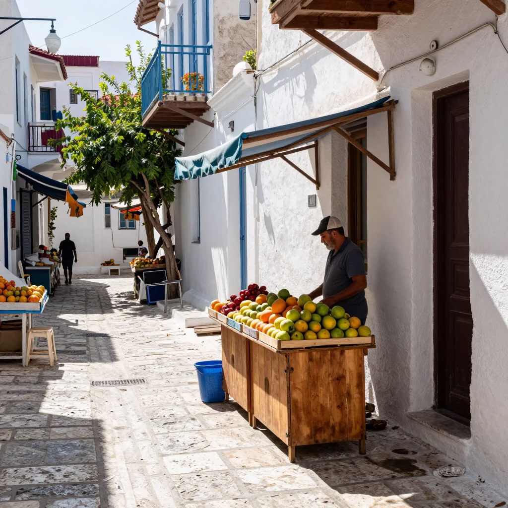 Bright Midmorning Street Scene in Athens Greece with Local Market Details in in Athens, Greece