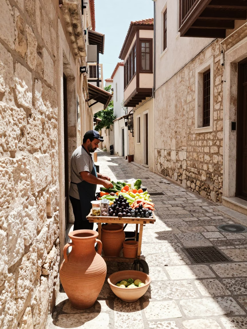 Bright Midmorning Street Scene in Athens Greece with Terracotta Pot and Borscht Bowl in in Athens, Greece