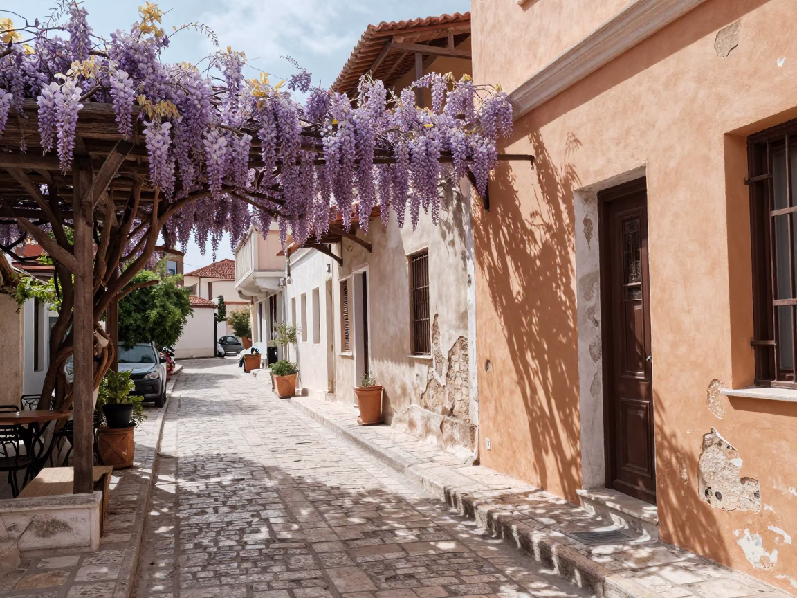 Bright Midmorning Street Scene in Athens Greece with Wisteria and Local Market Activity in in Athens, Greece