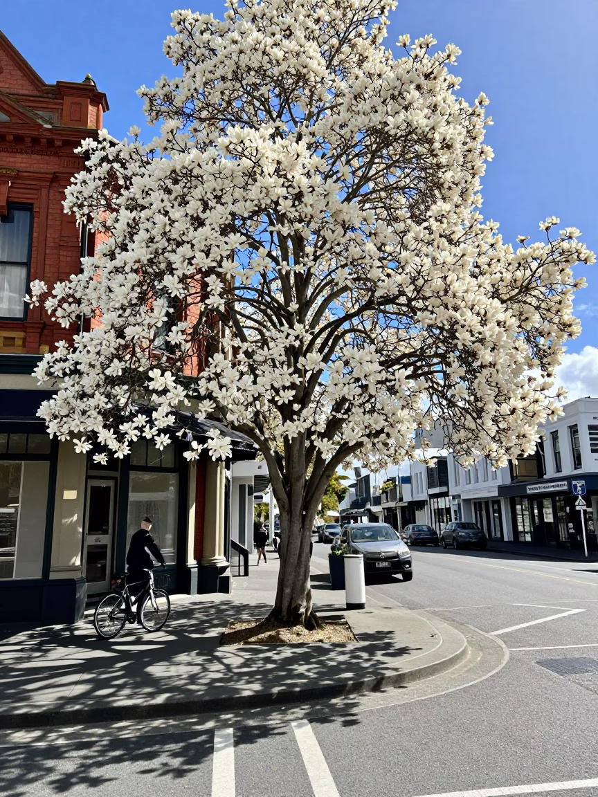Bright Midmorning Street Scene in Auckland New Zealand with Magnolia Bloom in in Auckland, New Zealand