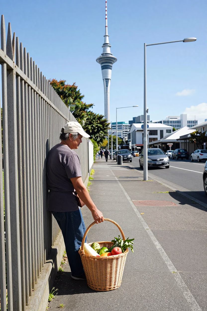 Bright Midmorning Street Scene in Auckland New Zealand with Wicker Basket in in Auckland, New Zealand