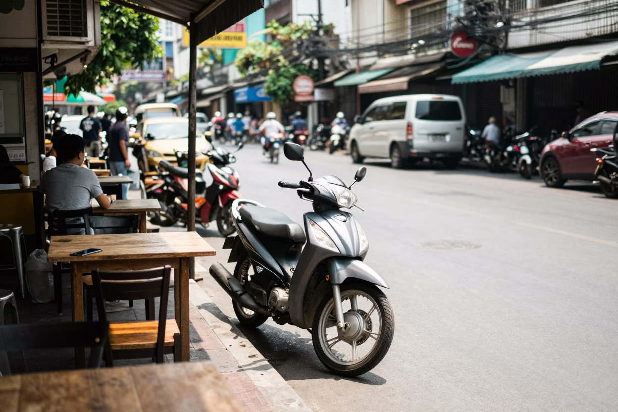 Bright Midmorning Street Scene in Bangkok Thailand with Vintage 2000s Urban Details in in Bangkok, Thailand