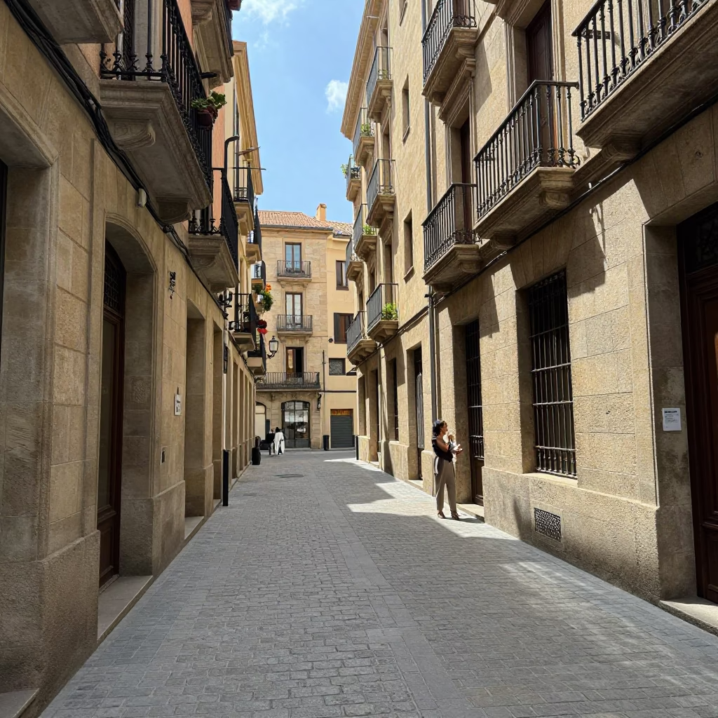 Bright Midmorning Street Scene in Barcelona Spain with Glass and Coffee Details in in Barcelona, Spain