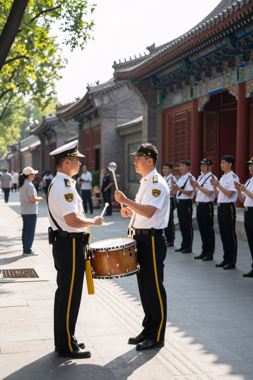 Bright Midmorning Street Scene in Beijing China with Drum Major and Local Pedestrians in in Beijing, China