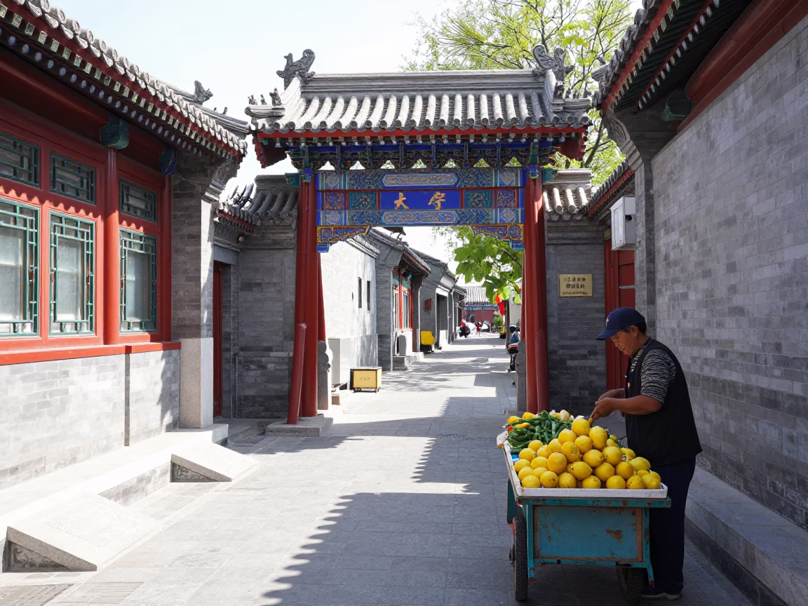 Bright midmorning street scene in Beijing China with traditional architecture and daily life in in Beijing, China