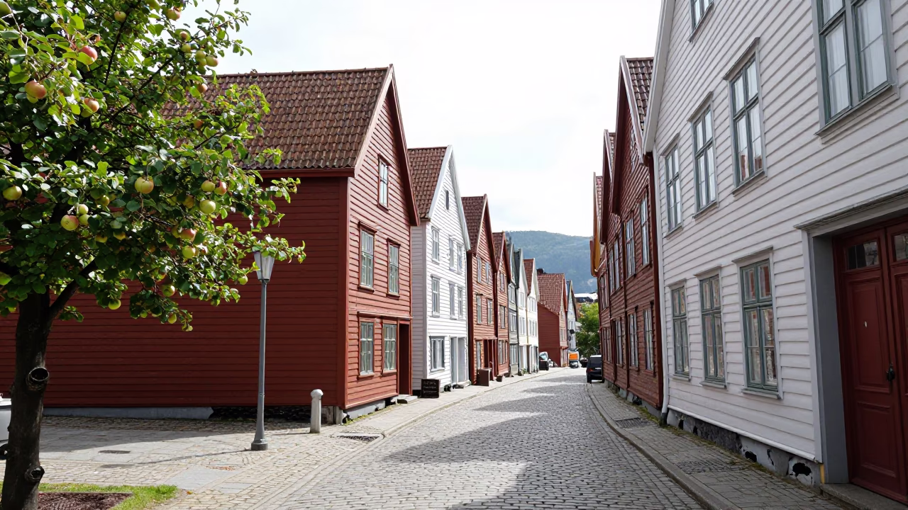 Bright Midmorning Street Scene in Bergen Norway with Apples and Lichen in in Bergen, Norway