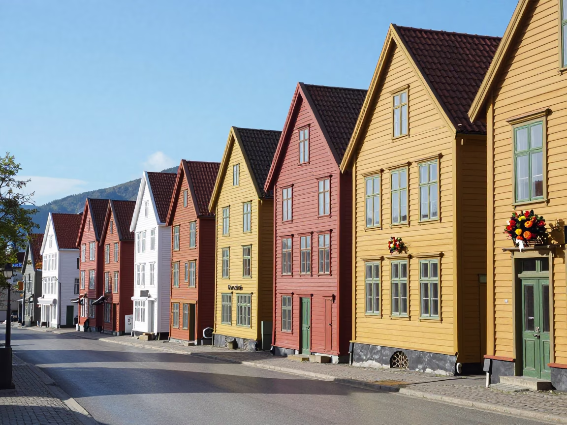 Bright Midmorning Street Scene in Bergen Norway with Colorful Hanakirken Houses in in Bergen, Norway