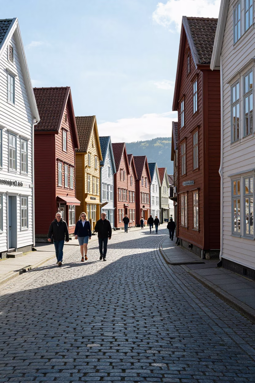 Bright Midmorning Street Scene in Bergen Norway with Colorful Wharf Houses in in Bergen, Norway