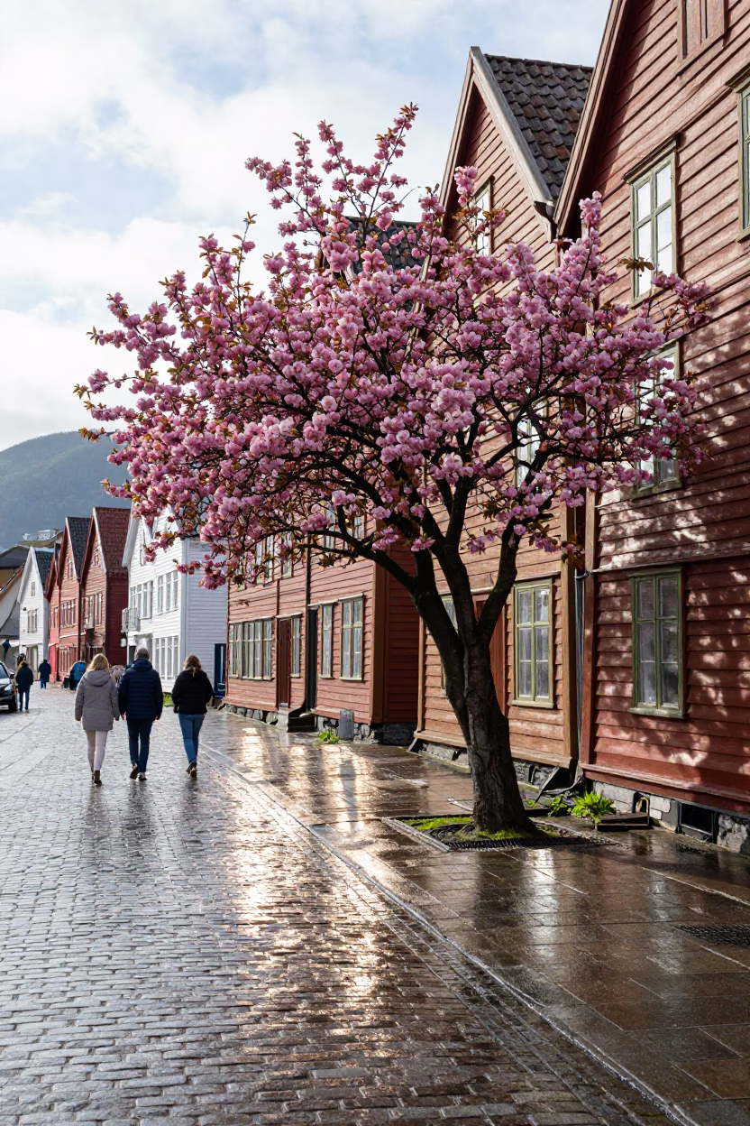 Bright Midmorning Street Scene in Bergen Norway with Dogwood Tree and Local Interaction in in Bergen, Norway