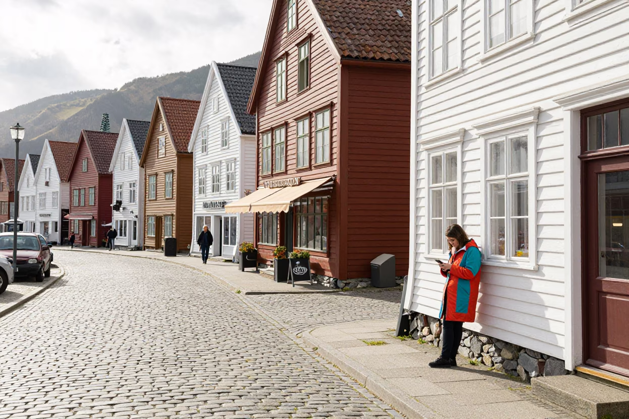 Bright Midmorning Street Scene in Bergen Norway with Local Details in in Bergen, Norway
