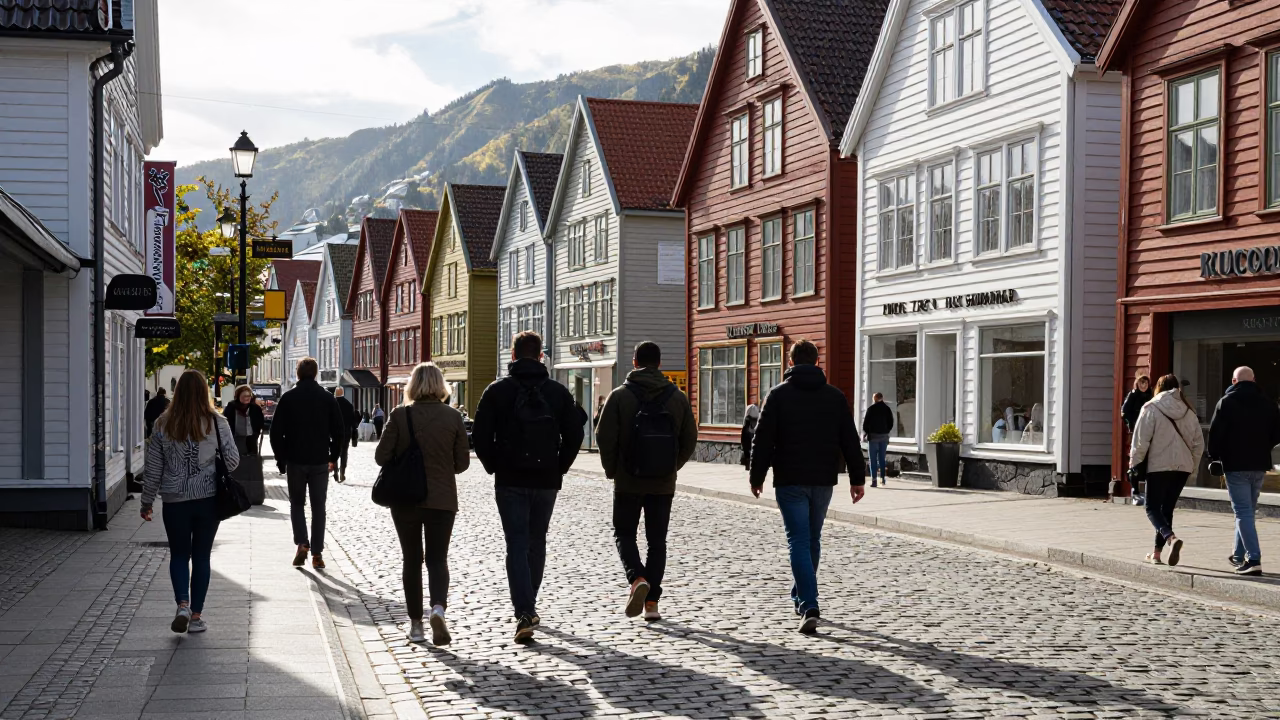 Bright Midmorning Street Scene in Bergen Norway with Local Pedestrians and Traditional Architecture in in Bergen, Norway