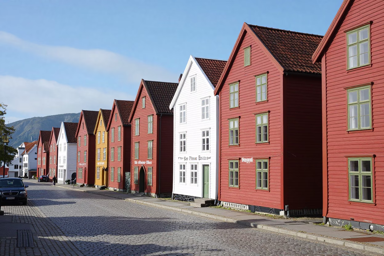 Bright Midmorning Street Scene in Bergen Norway with Red Wooden Houses and Tourists in in Bergen, Norway