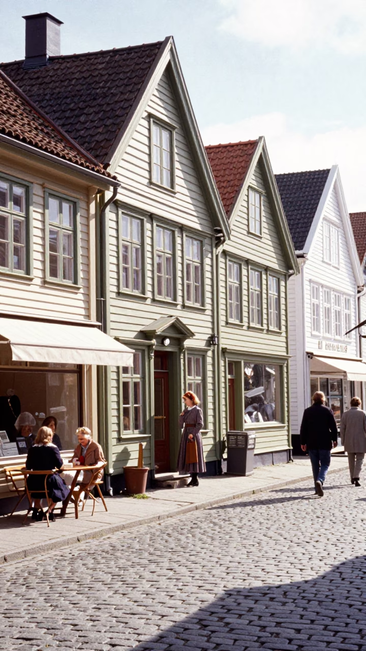 Bright Midmorning Street Scene in Bergen Norway with Vintage 1950s Atmosphere in in Bergen, Norway