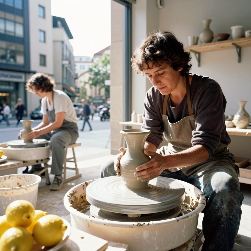 Bright Midmorning Street Scene in Bilbao Spain with Ceramicist and Lemons in in Bilbao, Spain