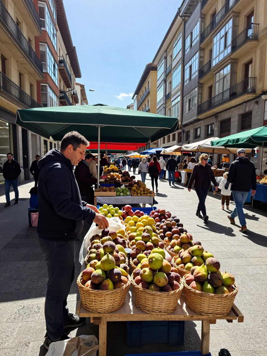 Bright Midmorning Street Scene in Bilbao Spain with Local Market Activity in in Bilbao, Spain