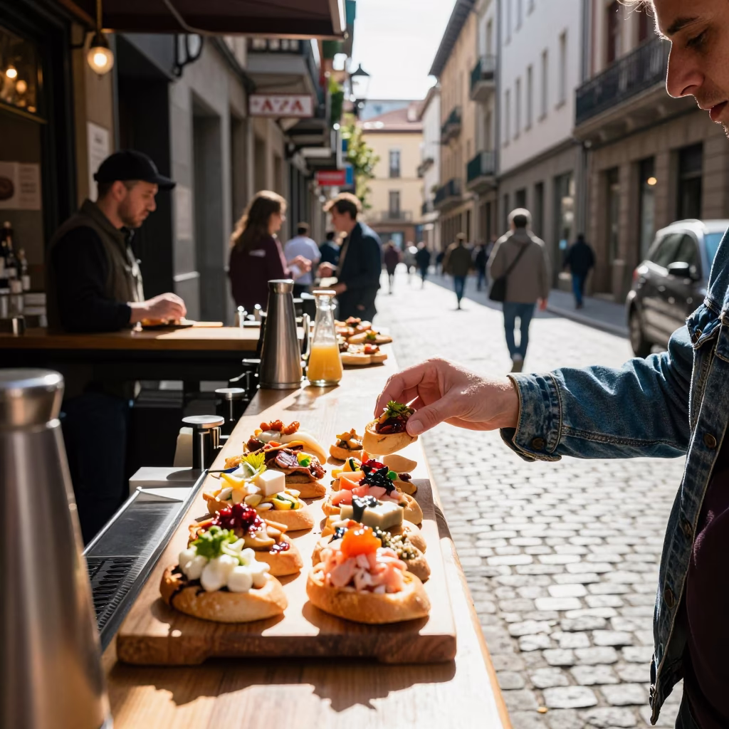 Bright Midmorning Street Scene in Bilbao Spain with Pintxos and Urban Details in in Bilbao, Spain