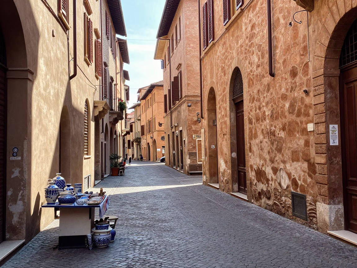 Bright Midmorning Street Scene in Bologna Italy with Blue and White Porcelain Jar in in Bologna, Italy