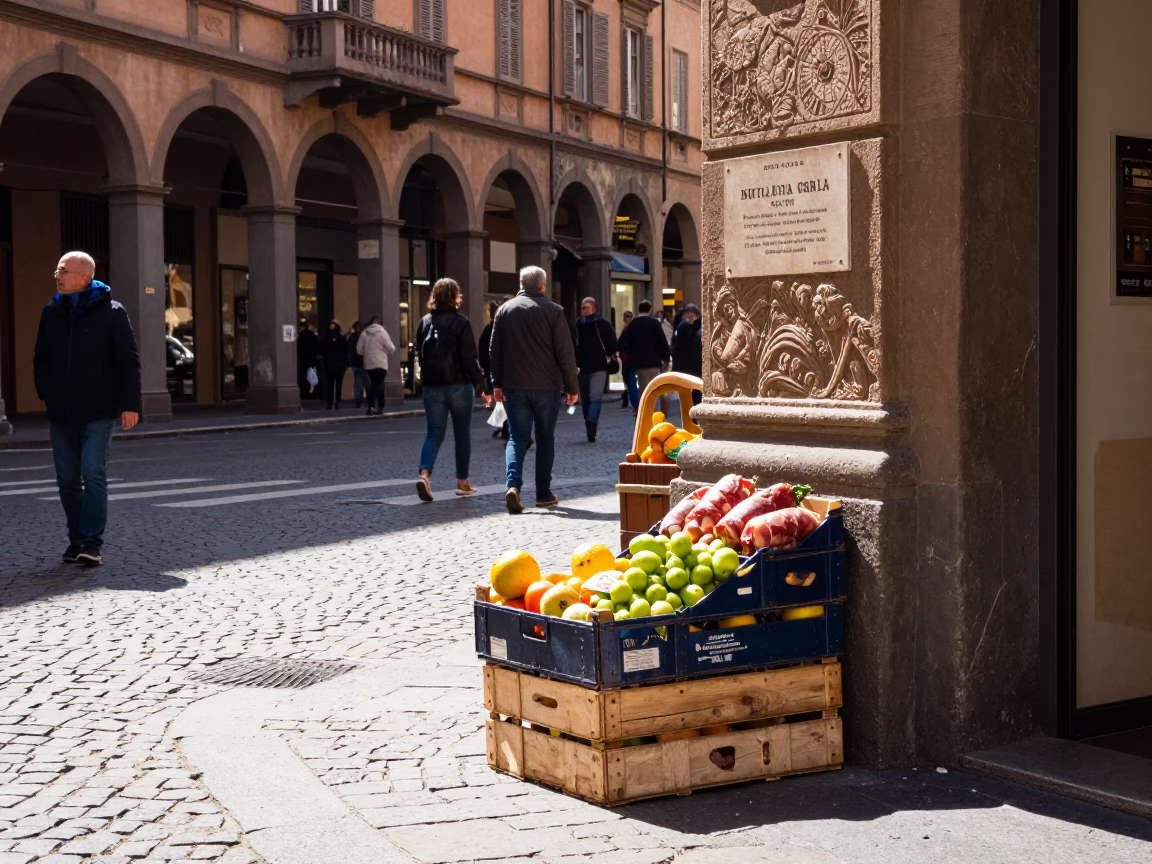 Bright Midmorning Street Scene in Bologna Italy with Fruit Crate and Sunlight in in Bologna, Italy