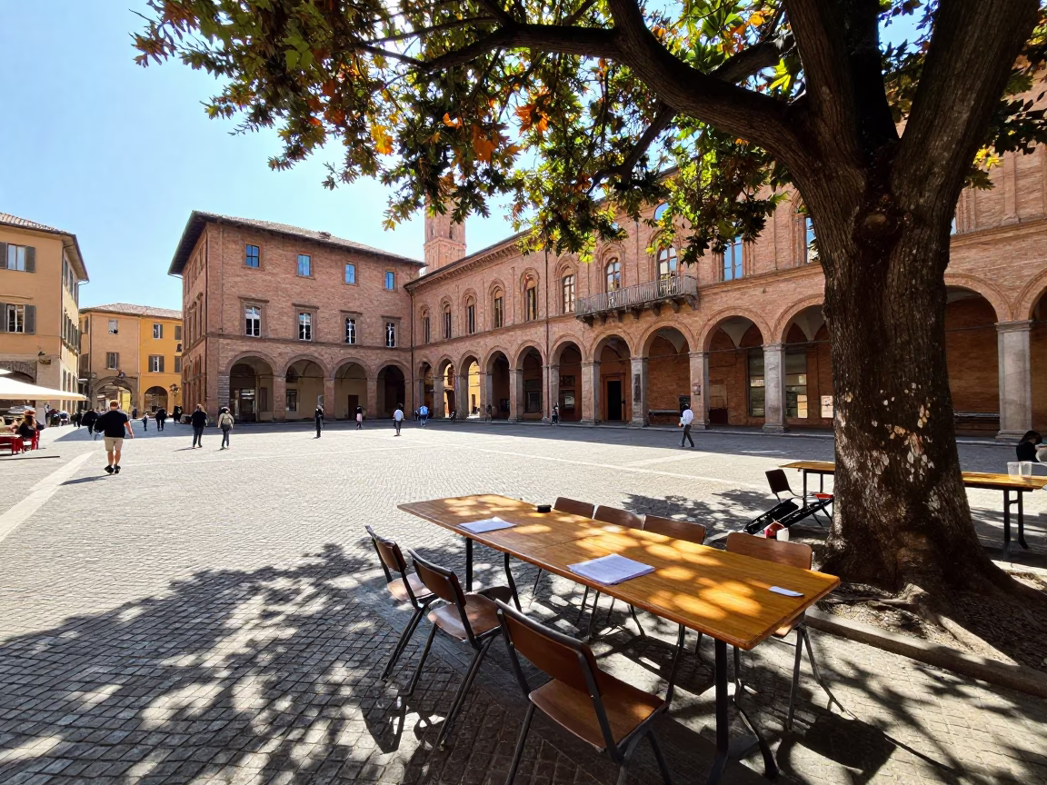 Bright Midmorning Street Scene in Bologna Italy with University Seminar Table in in Bologna, Italy