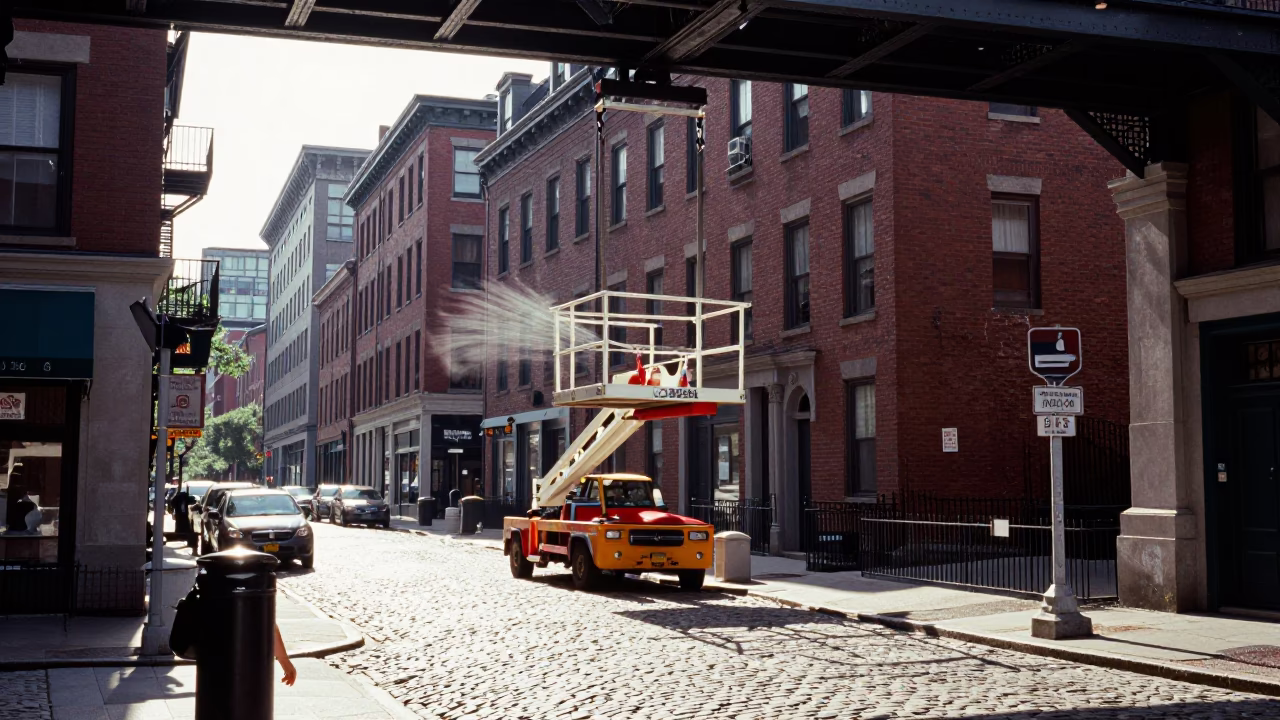 Bright Midmorning Street Scene in Boston Massachusetts with Bridge Maintenance Equipment and Urban Details in in Boston, Massachusetts, United States