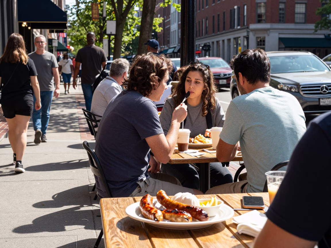 Bright Midmorning Street Scene in Boston Massachusetts with Local Food and Urban Details in in Boston, Massachusetts, United States